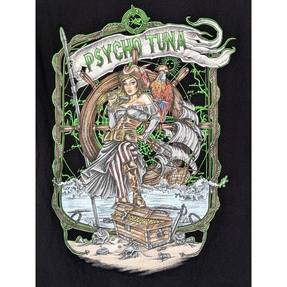 PSYCHO TUNA Graphic T Shirt Mens Medium Black Pirate Wench Treasure Booty Ship